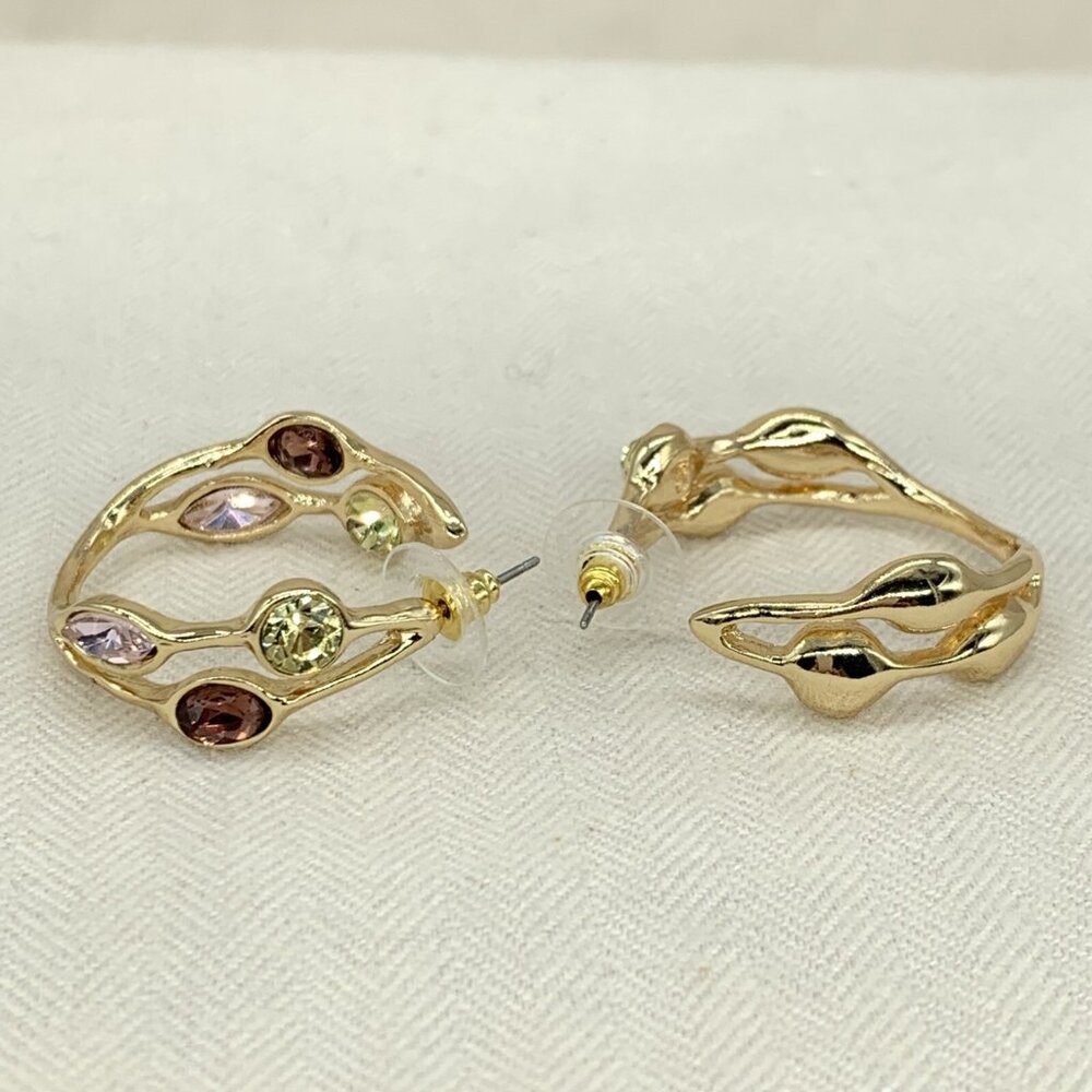 R J RJ Graziano Hoop Earrings Crystal Inside Out Glow On Gold Tone Warm Color - Picture 6 of 8
